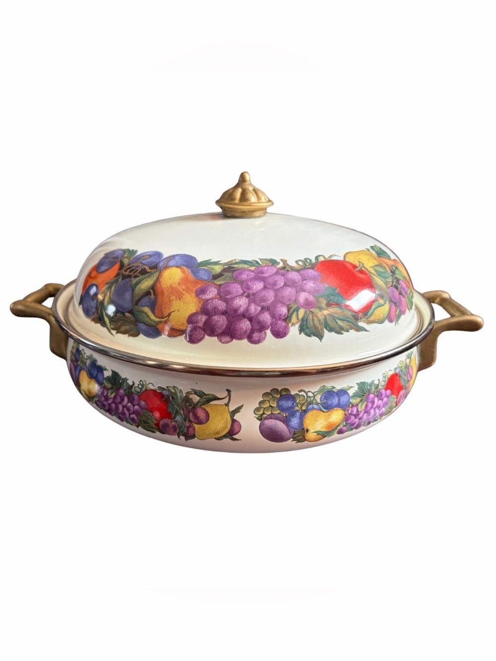 1980’s Vintage Cornucopia Enamelware 11” Covered Casserole Dish Fruit Pattern
